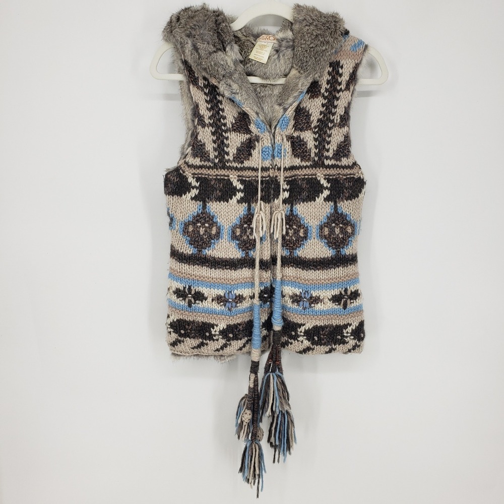 LaRok Y2K Fair Isle Rabbit Fur Trim Hooded Knit Sweater Vest Alpaca Wool Women M